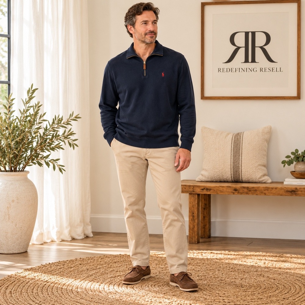 Polo Ralph Lauren Mens Navy Blue 100% Cotton Quarter Zip Pullover Sweater Large